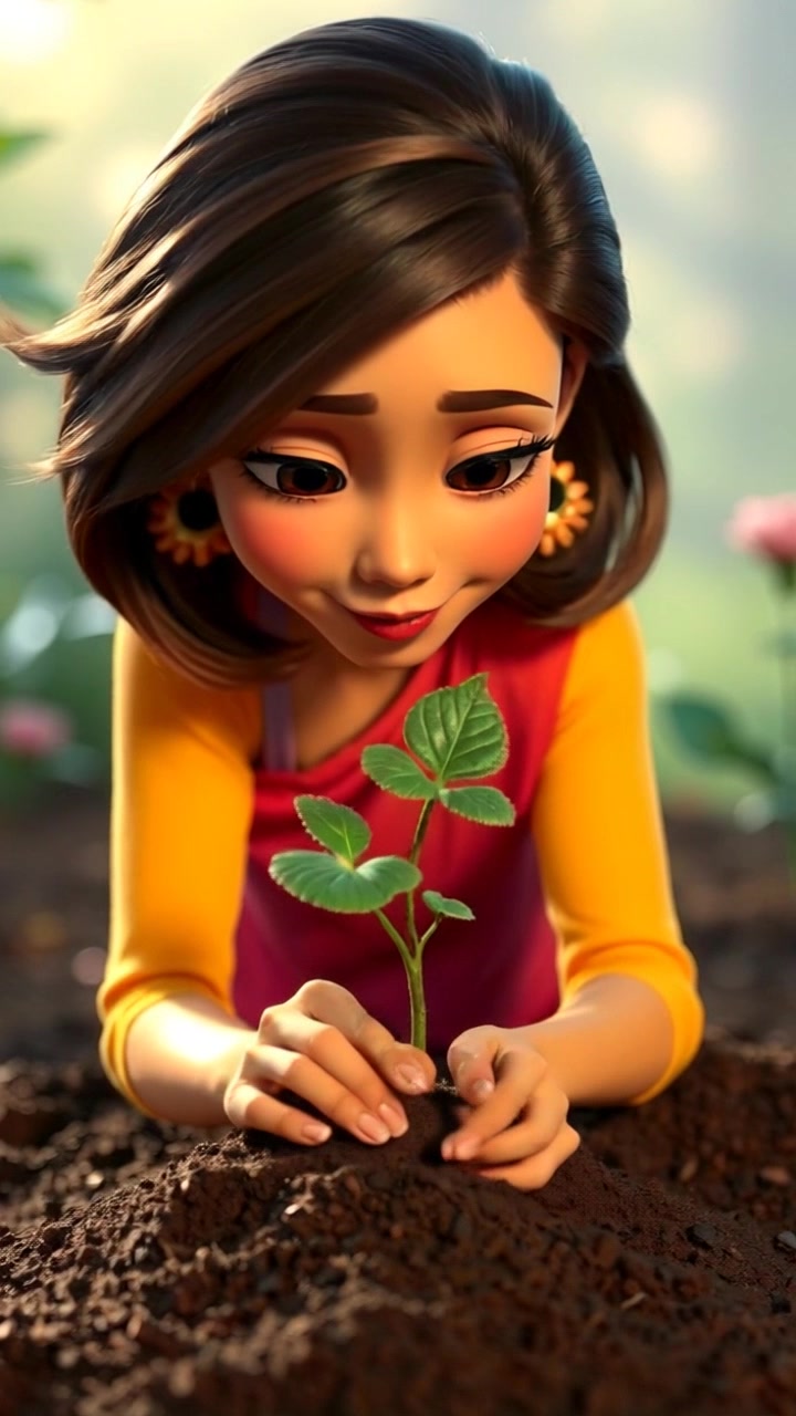 Subject: A person planting a small tree in rich, dark soil. Subject movement: The person gently presses the earth around the base of the newly planted tree, smiling as cheerful rays of sunshine illuminate the scene. Scene: A vibrant garden, filled with lush greenery, colorful flowers, and a bright blue sky overhead. Style: Morning light creating a warm and inviting atmosphere. Motion: Camera slowly pushes in on the person, capturing the moment of connection with nature as they nurture the young tree.