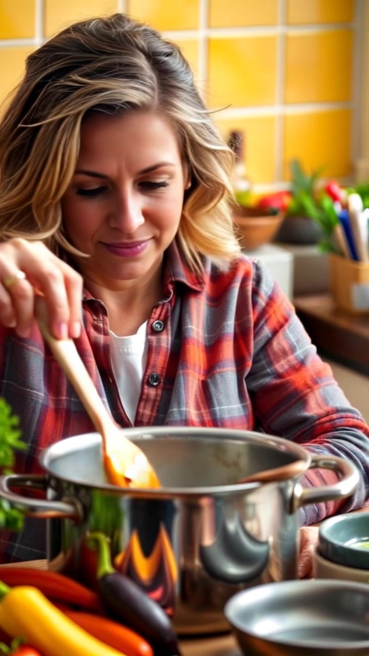 Subject: A skilled cook stirring a pot. Subject movement: The cook gently stirs the bubbling pot, adding vibrant spices and fresh vegetables with deliberate movements. Scene: A colorful kitchen filled with an array of spices, fresh vegetables, and cooking utensils. Style: Bright, natural light streaming in from a window, creating a lively and inviting atmosphere. Motion: Camera smoothly pans around the cook, capturing the rich textures and colors of the ingredients as they blend into the pot.