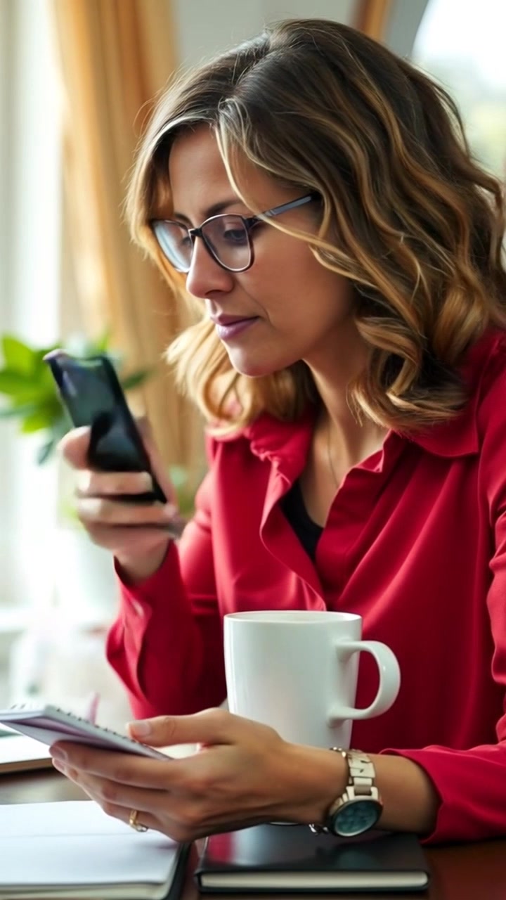 Subject: A woman multitasking at her desk, focused and engaged. Subject movement: She shifts her gaze between the phone, notebook, and coffee cup, jotting down notes while sipping her coffee. Scene: A cozy home office filled with warm light, cluttered yet inviting. Motion: The camera performs a dynamic close-up around her hands as she moves between tasks, highlighting the details of her expressions and actions, creating an immersive, fast-paced atmosphere.