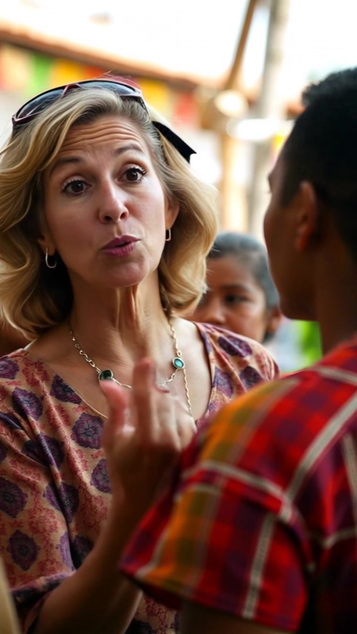 Subject: A woman passionately addressing a group of villagers about an upcoming community activity. Subject movement: She gestures animatedly, moving her hands to emphasize her points. Scene: A vibrant outdoor gathering with greenery and colorful decorations, creating an inviting atmosphere. Style: Bright, daytime lighting that enhances the lively colors of the scene. Motion: The camera slowly pans around the group, capturing the attentive faces of the villagers and the dynamic presence of the speaker.