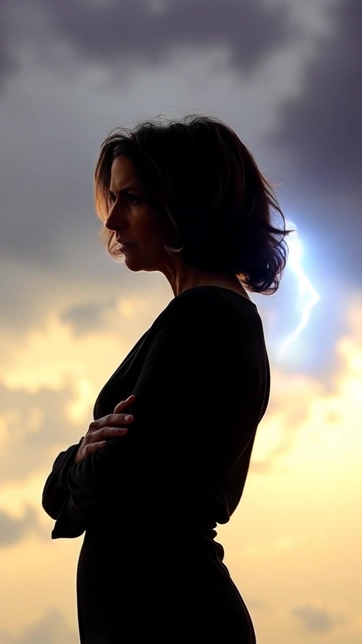 Subject: A silhouette of Dolores standing strong and determined. Scene: A dramatic, stormy backdrop with dark clouds swirling ominously, intensifying the mood. Style: Dim, moody lighting with flashes of lightning illuminating the scene. Motion: The camera slowly pushes in towards Dolores, capturing the tension in the atmosphere as the wind violently ruffles her silhouette against the encroaching storm.