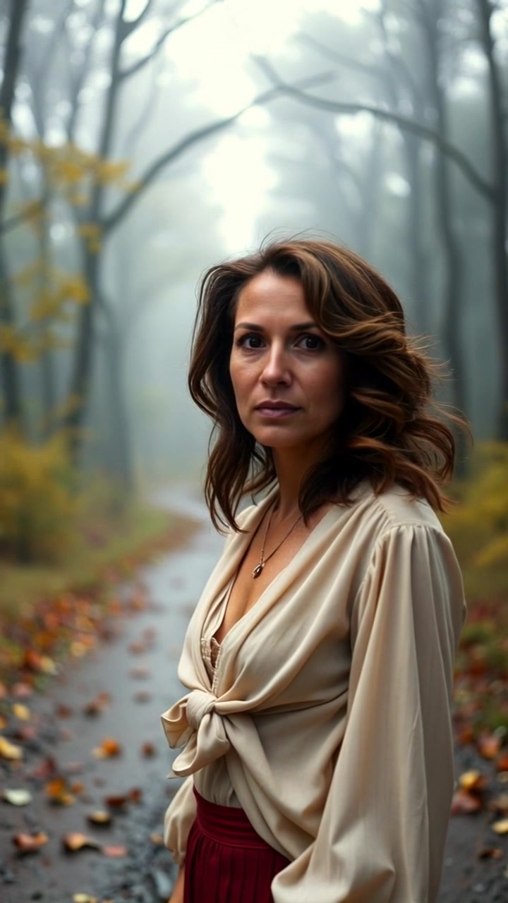 Subject: A figure standing at a crossroads. Subject movement: Dolores stands still, looking contemplative as she surveys the misty paths branching into the forest. Scene: A serene and mysterious crossroads enveloped in fog, with paths leading into a lush, dense forest. Style: Soft, diffused morning light filtering through the mist, creating a tranquil and introspective atmosphere. Motion: Camera gently pushes in on Dolores, drawing closer to capture her thoughtful expression, while the background slowly reveals the inviting yet enigmatic paths ahead.
