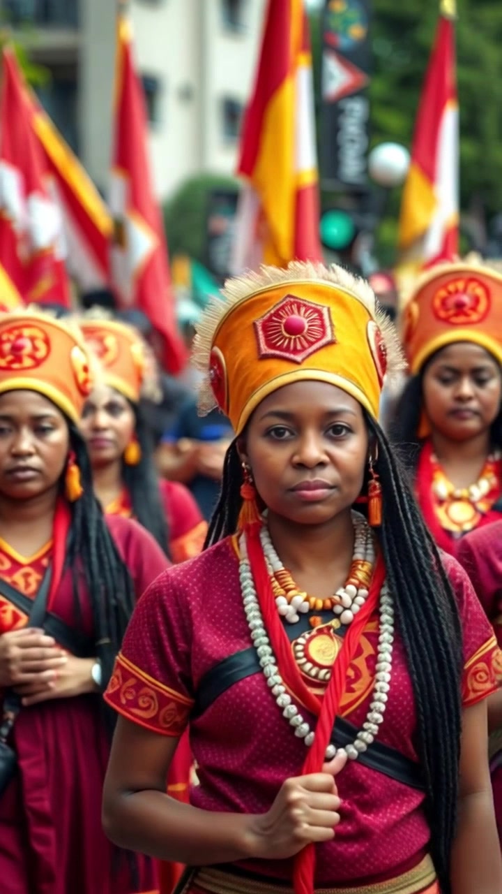 Subject: A group of women in traditional attire. Subject movement: They march purposefully forward, their expressions resolute as they chant slogans. Scene: A vibrant city square bustling with energy, surrounded by historic buildings and a crowd supporting their cause. Style: Bright daylight with soft shadows, highlighting the vivid colors of their attire. Motion: The camera follows closely, panning alongside the marchers and capturing moments of solidarity and determination.