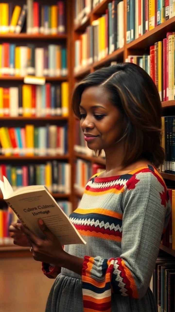 Subject: Monique engrossed in a book about cultural heritage. Subject movement: She turns the pages slowly, absorbed in her reading. Scene: A tranquil library brimming with vibrant books and soft wooden shelves. Style: Warm, ambient light filtering through large windows, casting gentle shadows across the room. Motion: Camera pans smoothly around Monique, capturing her focused expression and the colorful spine of the books on nearby shelves.