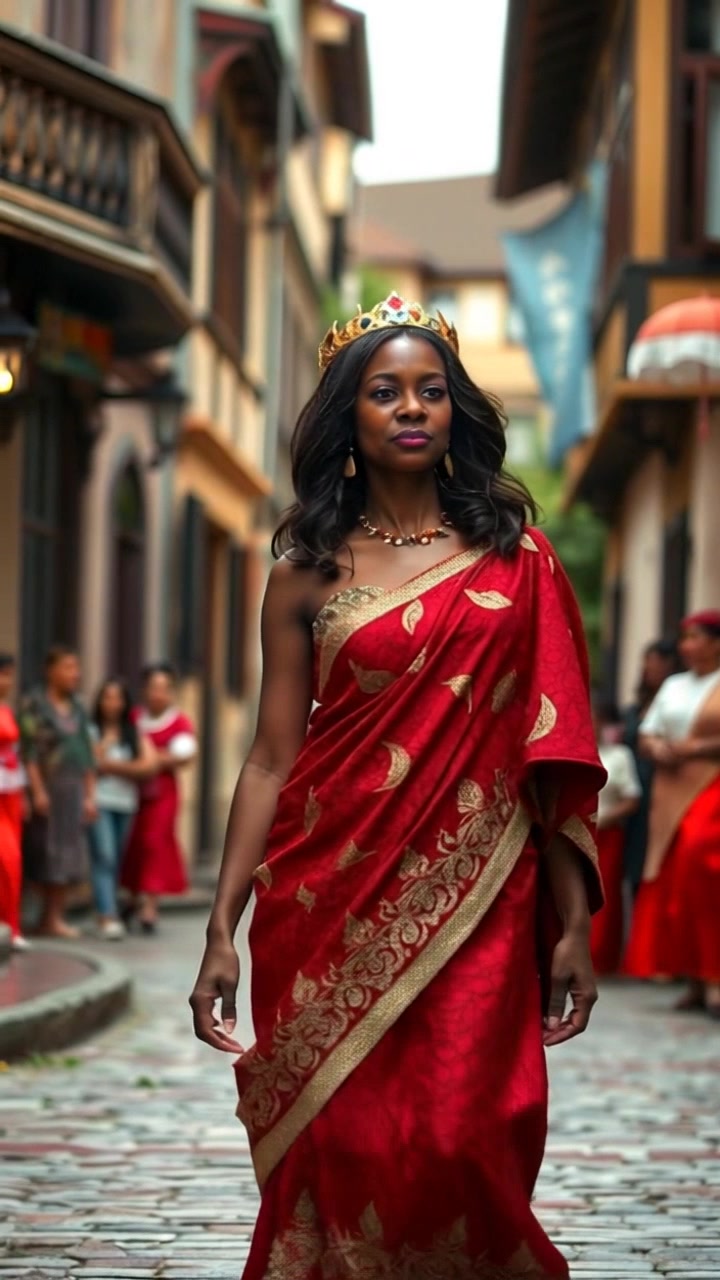 Subject: Monique dressed in elegant royal attire. Subject movement: She walks gracefully through the village square, drawing the attention of villagers around her. Scene: A vibrant village square bustling with activity, surrounded by quaint shops and blooming flowers. Style: Soft afternoon light illuminating the scene with a warm glow, enhancing the rich colors of the attire and the lively environment. Motion: The camera performs a smooth tracking shot, gliding alongside Monique as she moves through the crowd, capturing the reactions of the onlookers.