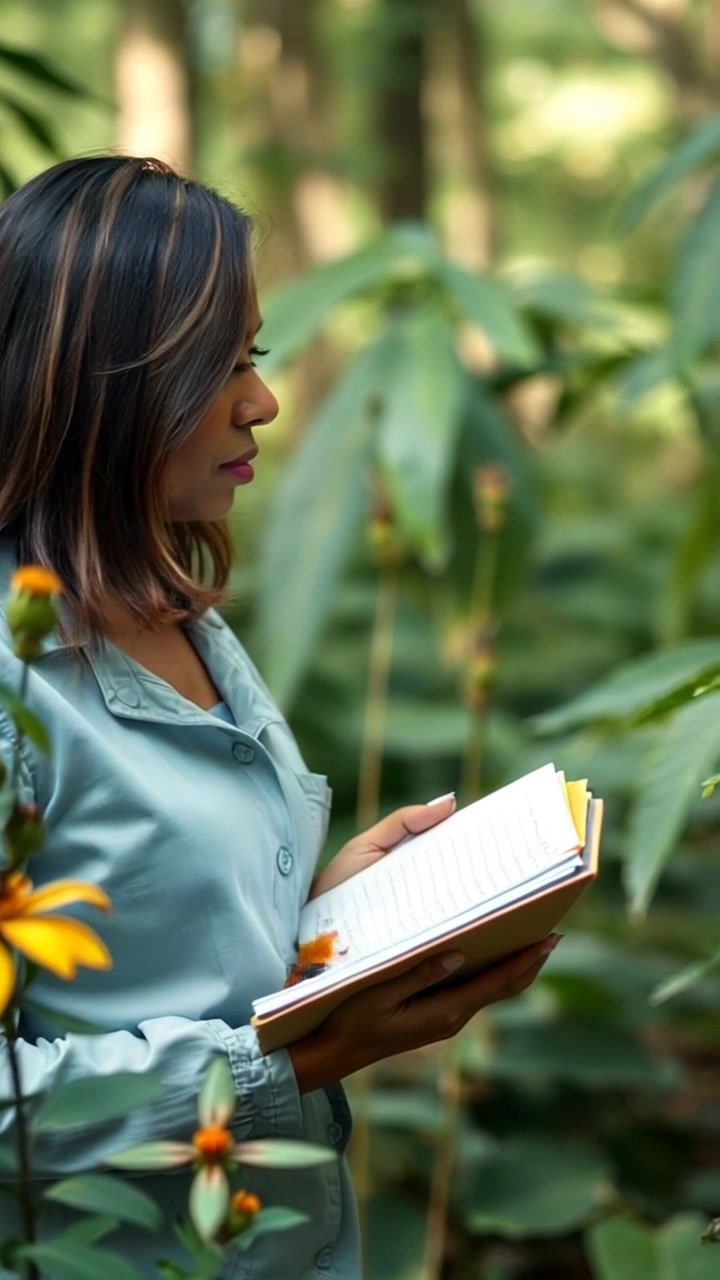Subject: A researcher crouched down, focused intently on taking notes. Subject movement: The researcher shifts his posture slightly as he examines the plants closely. Scene: A vibrant forest habitat teeming with diverse species of plants and insects. Style: Dappled sunlight filtering through the trees, casting playful shadows on the forest floor, creating a warm and inviting atmosphere. Motion: A smooth dolly-in shot that gradually closes in on the researcher, showcasing the variety of greenery and insect activity around him.