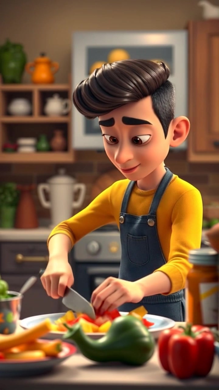 Subject: A person skillfully chopping vegetables at a kitchen countertop. Subject movement: The person's hands move swiftly, rhythmic chopping creating a symphony of sounds. Scene: A cozy kitchen filled with warm wooden cabinetry and colorful ingredients adorning the workspace. Style: Soft, natural light streaming through a window, creating a warm and inviting atmosphere. Motion: The camera pans in closely, capturing the focused movements of the knife on the cutting board, emphasizing the vibrant colors and textures of the vegetables.