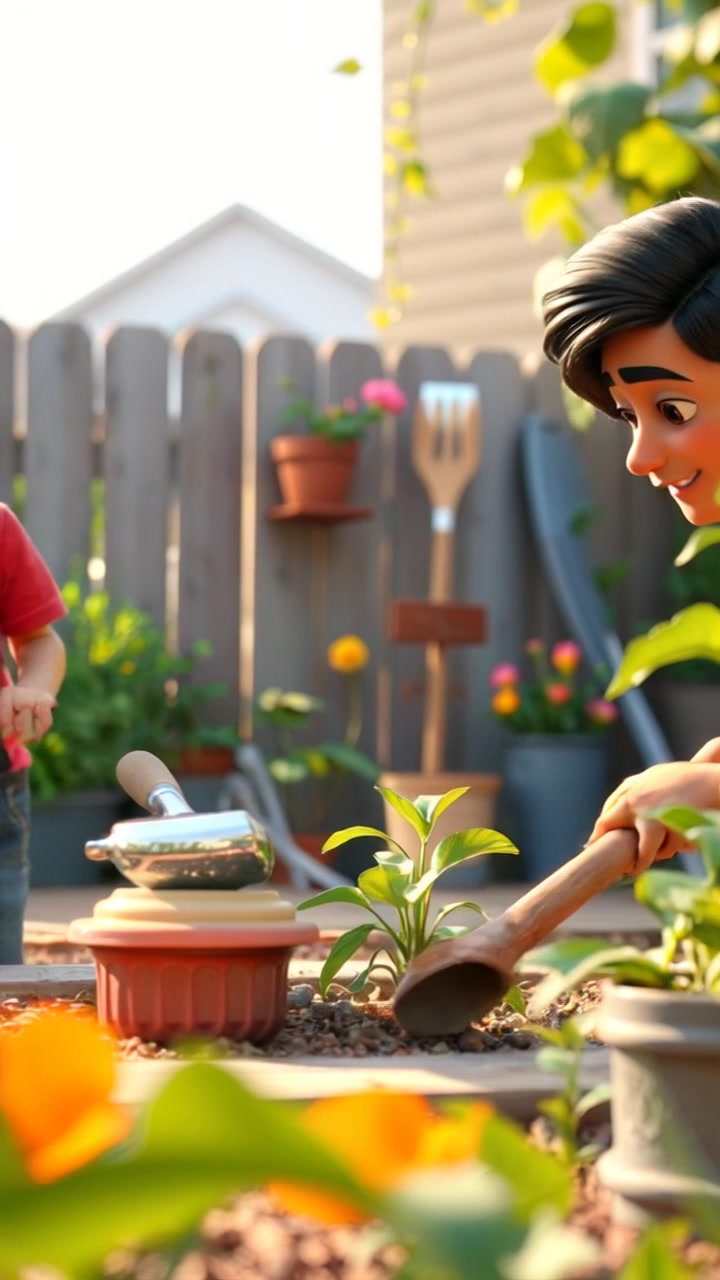 Subject: A father tending to plants in a vibrant backyard garden, with a young boy observing nearby. Subject movement: The father gently digs into the soil with a trowel while the boy shifts excitedly, pointing at a blossoming flower. Scene: A colorful backyard garden filled with various plants and gardening tools, the sun shining brightly overhead. Style: Morning light illuminating the scene with a warm, inviting atmosphere. Motion: The camera slowly pans across the garden, capturing the interaction between the father and son, creating a sense of joyful connection in nature.