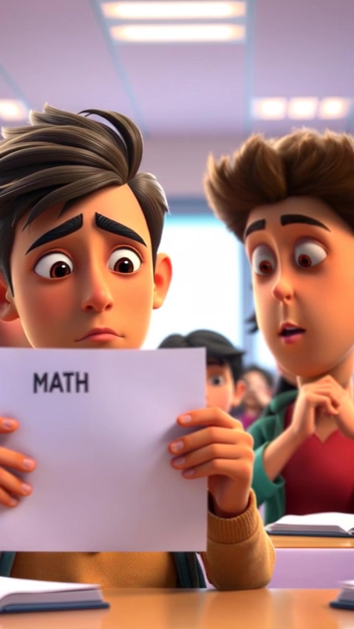 Scene: A classroom filled with students, some jostling in their seats, glancing anxiously at their math exam papers. Style: Bright fluorescent lighting creating a stark atmosphere, emphasizing the tension in the room. Motion: The camera gently pans across the room, capturing the worried expressions of the classmates and focusing on one student, who is intensely staring at the exam paper.