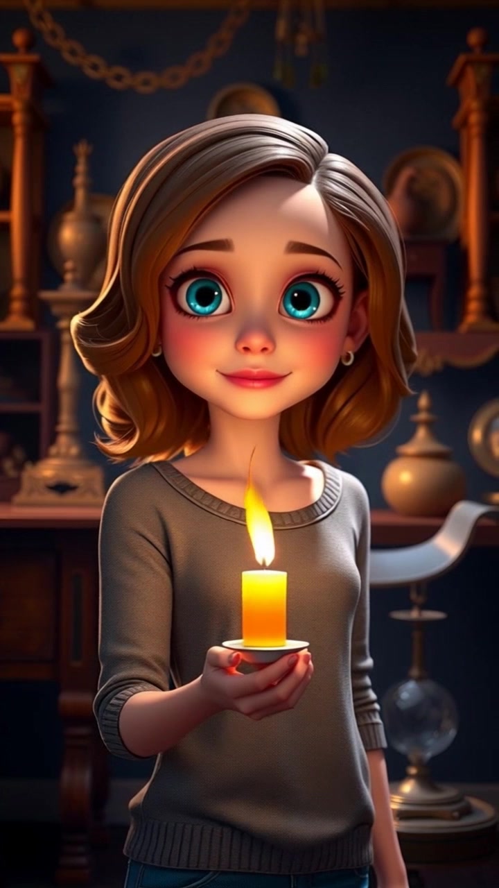 Subject: A woman named Jenna stands holding a flickering candle, casting soft shadows in a shadowy room filled with antiques. Subject movement: Jenna moves slowly, exploring the room, the candlelight illuminating her face and the dusty collectibles around her. Scene: Intricate antique decor fills the dimly lit room, conveying a sense of nostalgia and mystery. Style: The warm glow of the candlelight contrasts with the deep shadows, creating a moody atmosphere. Motion: The camera gently tracks Jenna's movement, panning slowly to reveal the captivating details of the antiques as shadows dance across the walls.