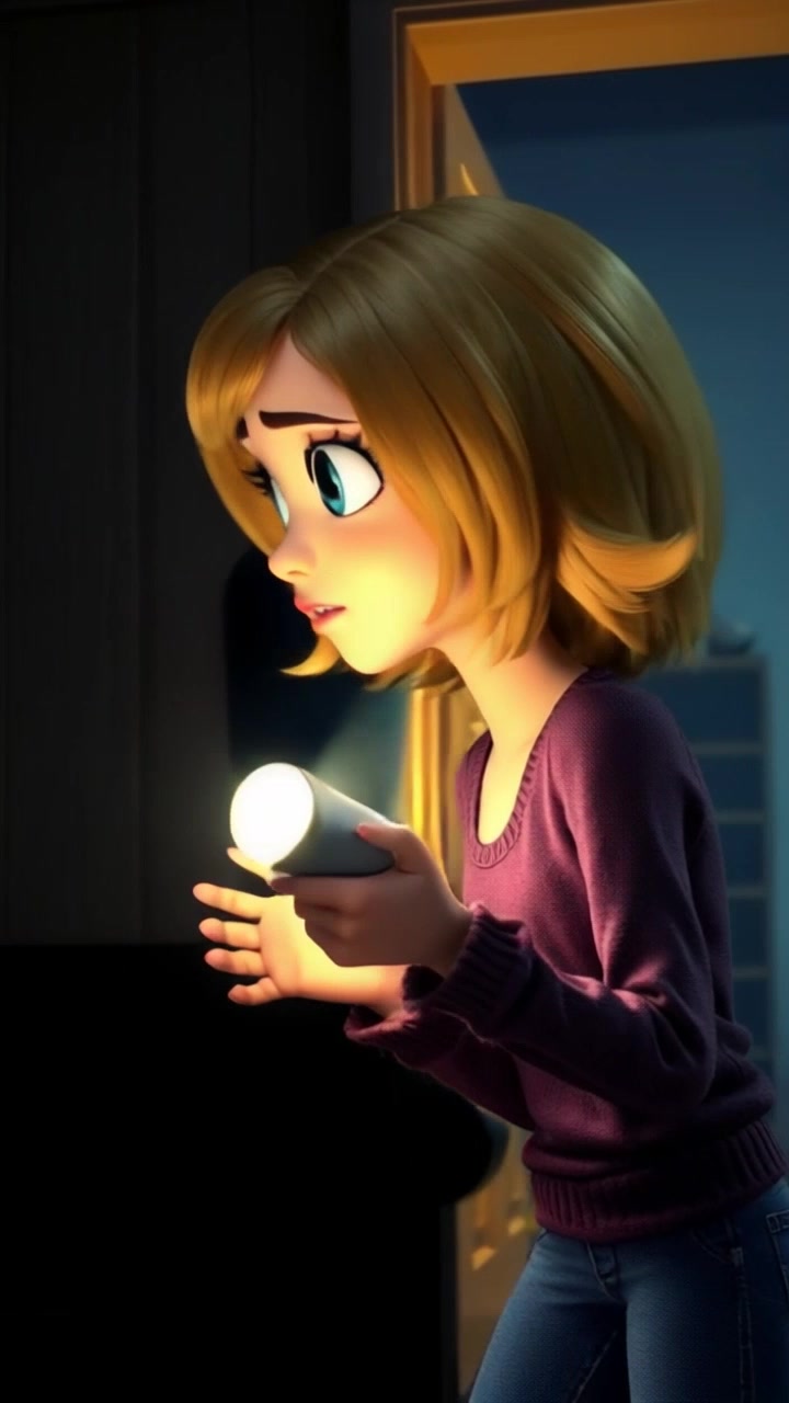 Subject: A woman cautiously exploring a dimly lit house. Subject movement: She moves slowly, shining the flashlight around as her uncertain expression reflects her apprehension. Scene: The interior of an old, shadowy house, with flickering light and eerie corners. Style: Low, atmospheric lighting creates a sense of suspense and mystery. Motion: The camera follows her movement with a smooth tracking shot, enhancing the feeling of tension as she hesitantly scans the environment.