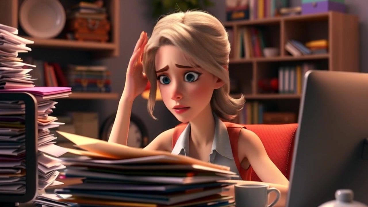 Subject: A person sitting at a cluttered desk, examining stacks of papers while looking confused at a computer. Subject movement: The person shifts their gaze between the papers and the screen, occasionally running a hand through their hair in frustration. Scene: A chaotic home office filled with piled paperwork, office supplies, and a glowing computer screen. Style: Soft, ambient lighting illuminating the desk while casting shadows on the clutter. Motion: The camera gently moves in a close-up to capture the person's expressions of confusion and the disarray surrounding them, creating an intimate yet chaotic atmosphere.