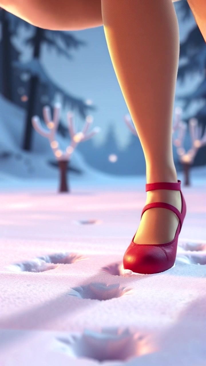 Subject: Feet dancing gracefully in the soft, powdery snow, leaving delicate footprints behind. Subject movement: The feet move rhythmically, twirling and stepping lightly, creating a whimsical dance. Scene: A serene winter landscape with glistening snow underfoot, tall evergreen trees softly blurred in the background. Lighting: Bright, crisp sunlight reflecting off the snow, enhancing the sparkling atmosphere. Motion: Camera employs a smooth tracking shot, following the delicate dance moves from a low angle, capturing the feet's gentle impressions in the snow.
