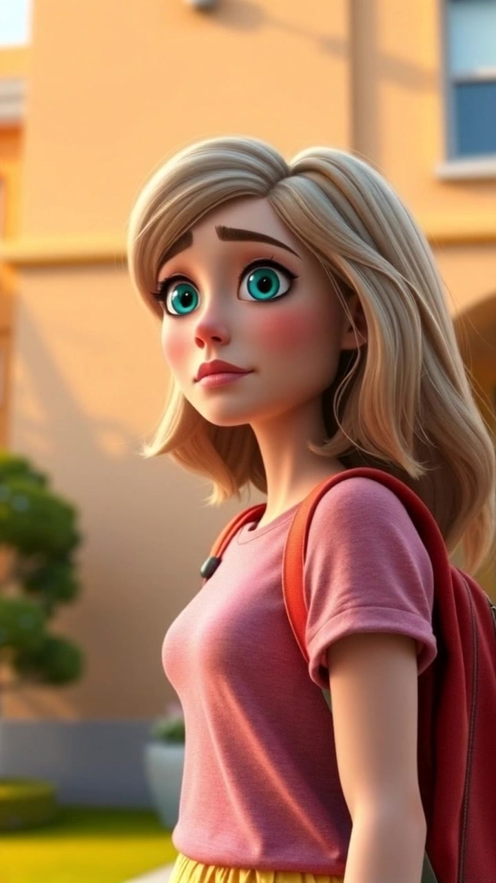 Subject: A woman standing outside a school, scanning her surroundings with an anxious expression. Scene: The exterior of a school building, with a busy street and students walking nearby. Style: Soft afternoon light casting gentle shadows, creating a slightly tense and anticipatory atmosphere. Motion: The camera begins with a close-up of her face, then pulls back slowly to reveal the bustling school environment, emphasizing her isolation amidst the activity.