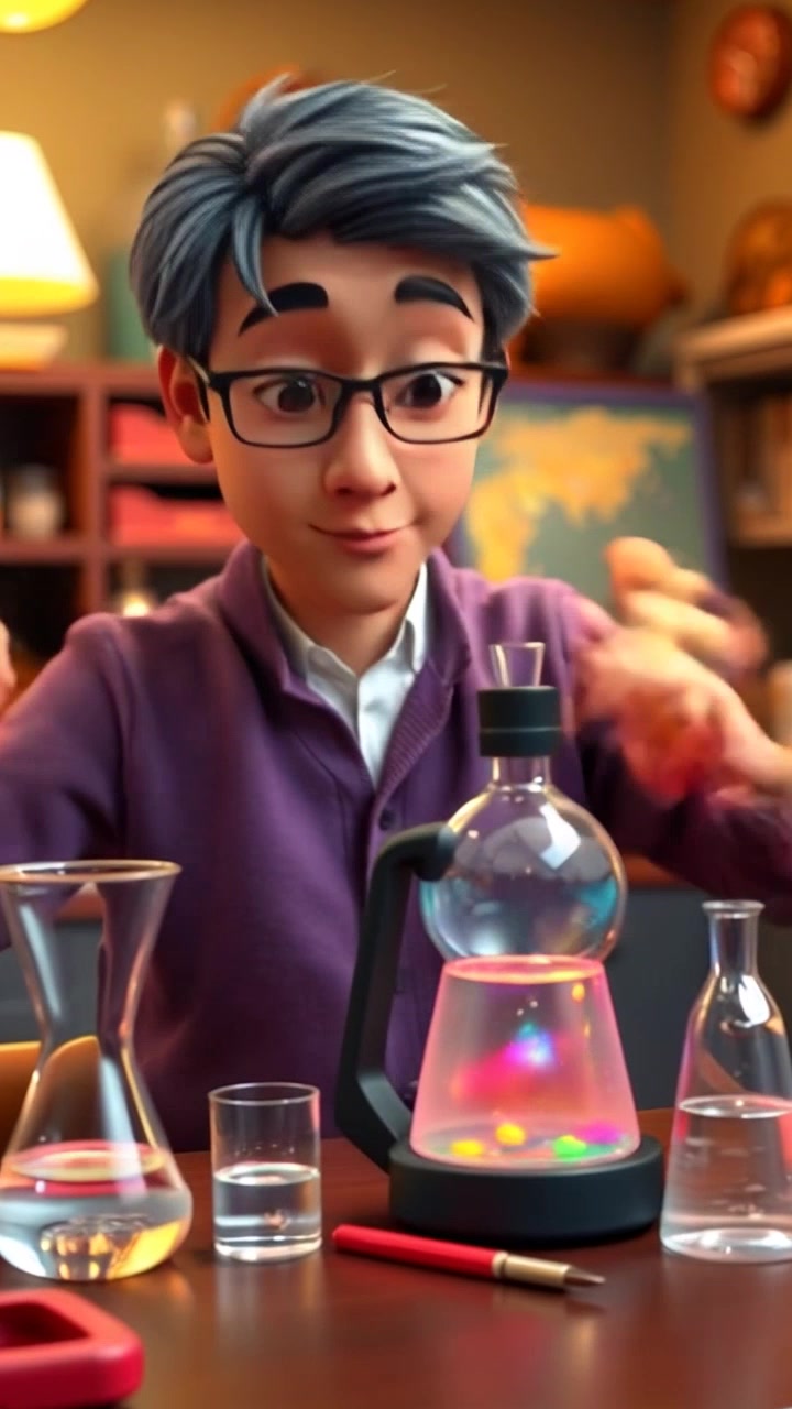 Subject: A scientist demonstrating a captivating science experiment. Subject movement: The scientist enthusiastically mixes substances in a glass container on the table, creating vibrant reactions. Scene: A bright classroom filled with various scientific tools, water containers, and colorful liquids, surrounding the engaged audience. Style: Soft, natural lighting highlighting vibrant colors of the experiment and the tools. Motion: The camera smoothly zooms in on the scientist’s hands as they pour liquid, followed by a dramatic tilt to capture the reactions in the container, emphasizing the excitement of discovery.