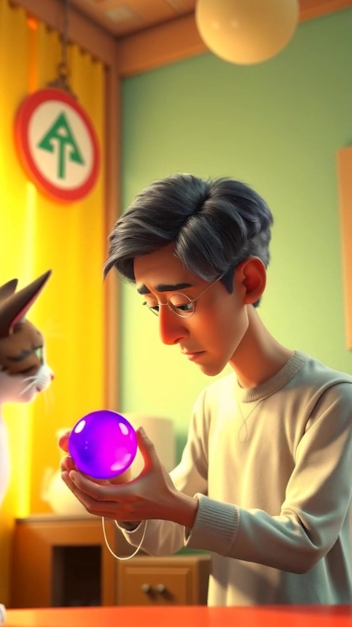 Subject: A character looking puzzled. Subject movement: The character examines a marble curiously, turning it slowly in his hands. Scene: A cozy living room filled with quirky decor and soft lighting. Style: Warm, ambient light creates a welcoming atmosphere. Motion: The camera gently pushes in, capturing the character's facial expressions and the details of the marble he is holding.