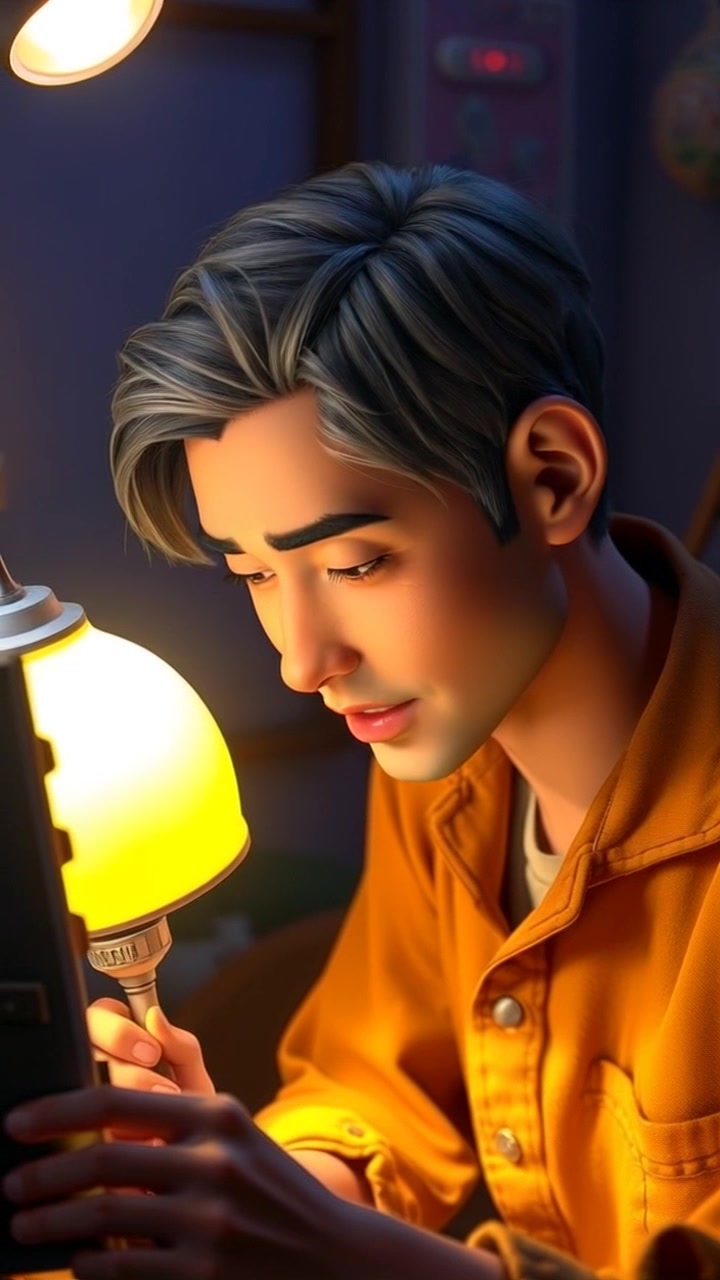 Subject: An artist deep in concentration at a wooden desk, sketchbook open before him. Subject movement: The artist leans forward, occasionally lifting his pencil to observe his work thoughtfully, with focused expressions reflecting in the warm glow of the lamp. Scene: A cozy, dimly lit studio late at night, surrounded by art supplies and unfinished pieces. Style: Soft, ambient lighting from the lamp casts gentle shadows, creating an intimate atmosphere. Motion: The camera slowly pushes in on the artist's face, capturing the intricate details of his expression as he engages with his art.