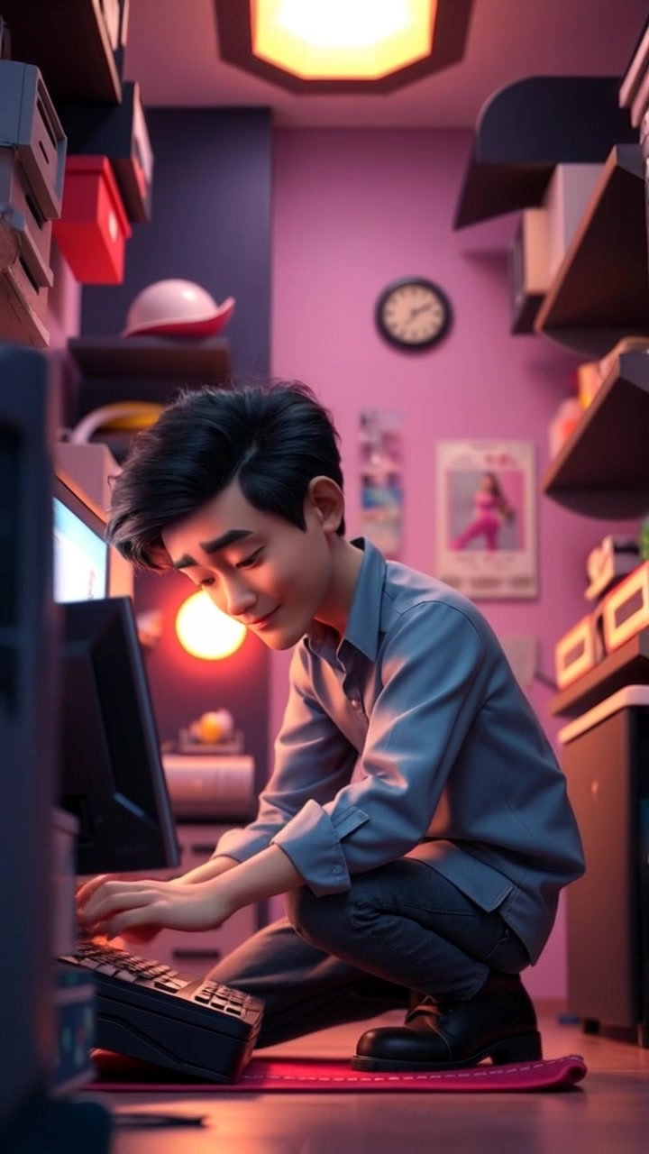 Scene: A small, cluttered room filled with tools and computer parts, where an individual kneels beside a computer, intently focused on fixing it. Lighting: Soft, ambient light filtering through a window, casting gentle shadows that add depth to the scene. Motion: The camera smoothly pushes in to capture the intricate details of the work being done, then slowly pulls back to reveal the entire mess of the room, emphasizing the busy atmosphere.