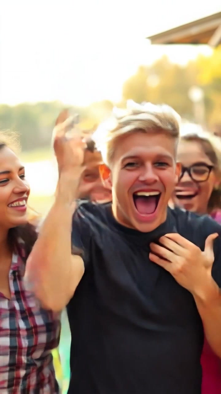 Subject: A group of joyful youths surrounding a central figure, celebrating their triumphs. Subject movement: They are exuberantly jumping and cheering, radiating energy and excitement. Scene: A vibrant outdoor setting filled with natural light, soft greenery in the background and a sense of camaraderie in the air. Lighting: Bright daylight, enhancing the feelings of joy and celebration. Motion: A dynamic handheld camera tracking shot circles the group, capturing their animated expressions and movement, while subtly transitioning to reflect the excitement surrounding them.