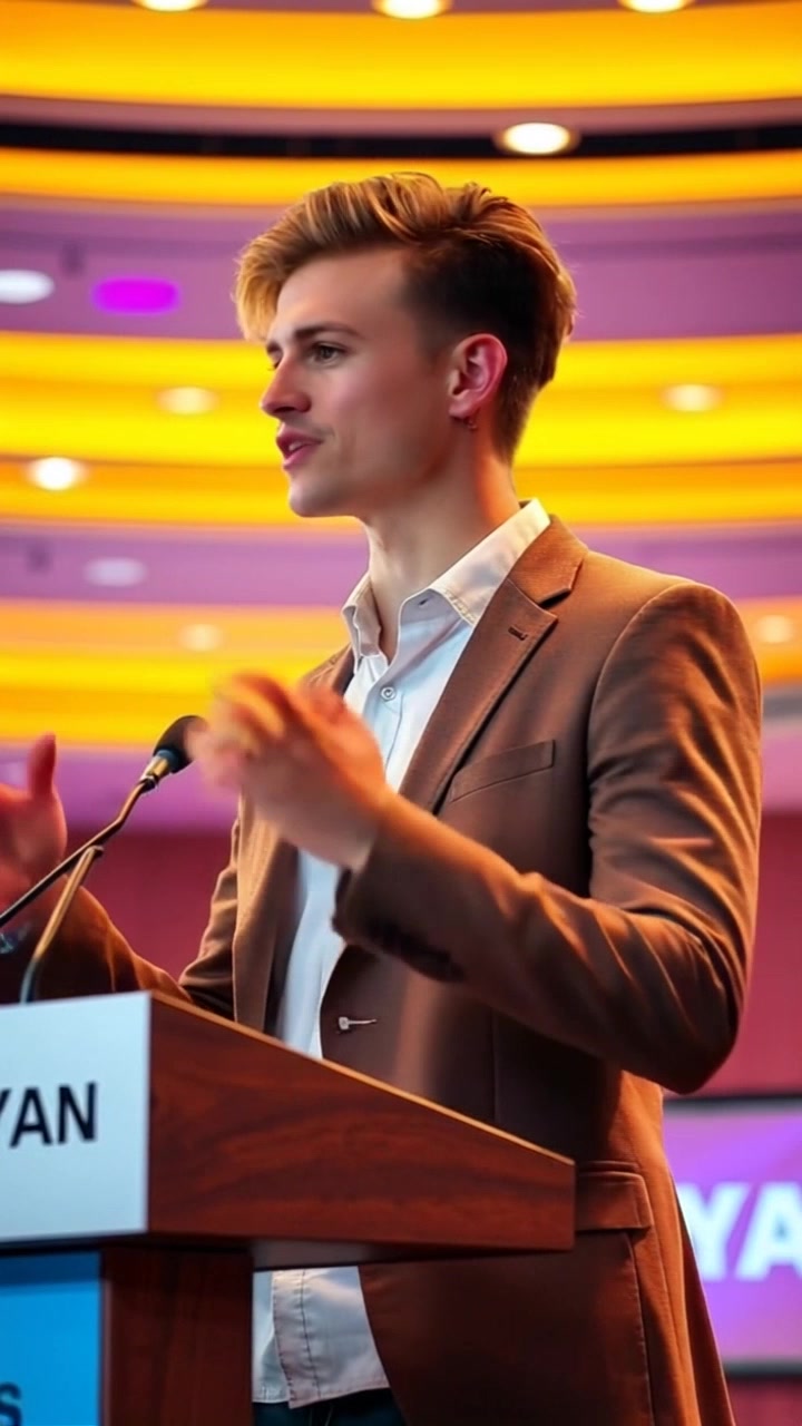 Subject: A young man stands confidently at a podium. Subject movement: He gestures expressively as he speaks passionately to the audience. Scene: A bright conference hall filled with attentive listeners, modern decor, and colorful banners in the background. Lighting: Bright, ambient lighting creating an energetic atmosphere. Motion: The camera employs a dramatic panning shot, starting close on the speaker's face, then sweeping outward to capture the crowd's engaged reactions.