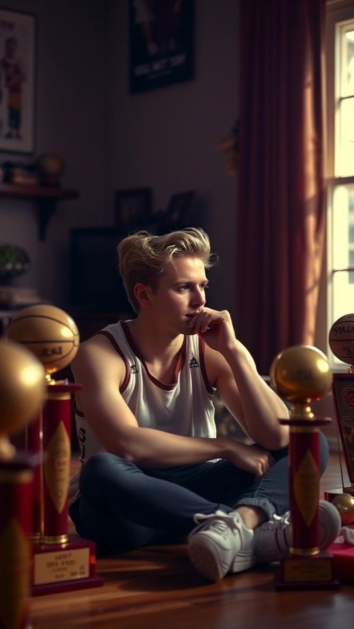 Subject: A person sitting on the floor, appearing contemplative. Scene: A dimly lit room filled with basketball trophies stacked around, creating an atmosphere of nostalgia. Lighting: Soft, low-key illumination accentuating the sheen of the trophies while casting subtle shadows in the corners. Motion: The camera gently pushes in closer to the subject, capturing the reflective expression on their face as they gaze thoughtfully at the trophies.