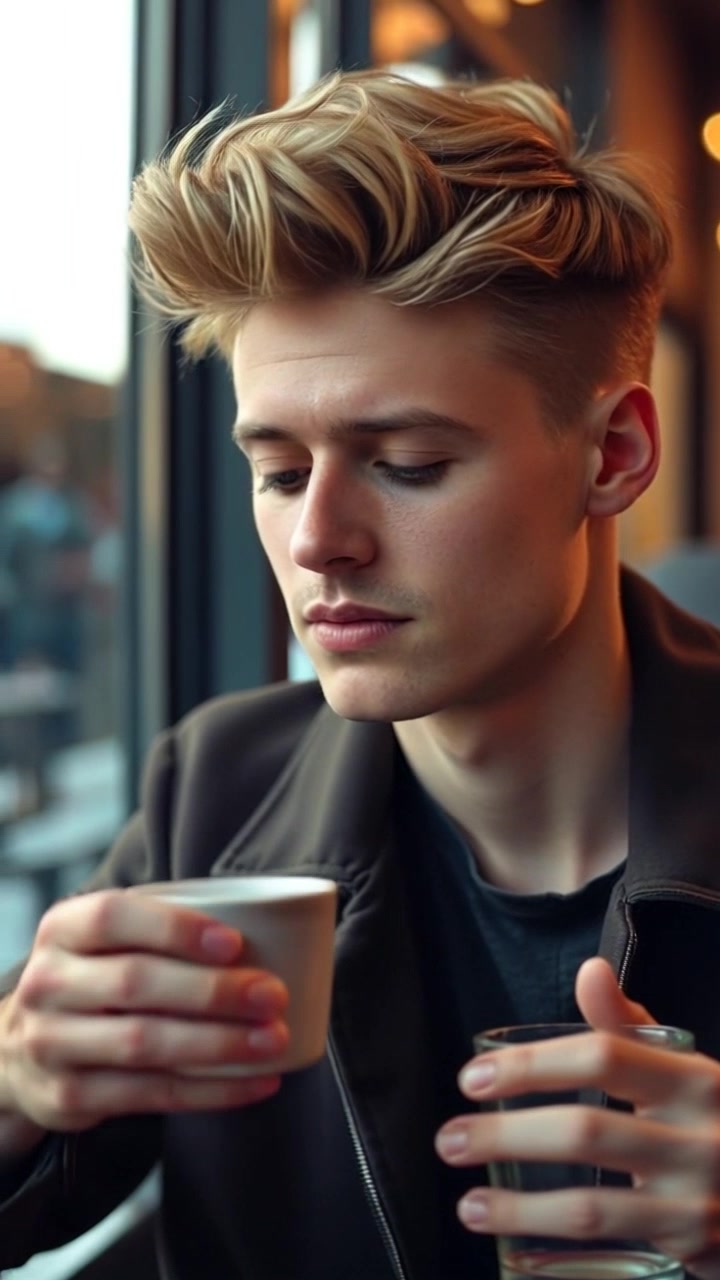 Subject: A person lost in thought, holding a coffee cup. Subject movement: The person gazes pensively out a window, occasionally bringing the cup closer to their lips. Scene: Cozy, dimly lit café with wooden accents and soft music playing in the background. Style: Warm, inviting lighting that creates a serene atmosphere. Motion: The camera slowly pushes in, capturing the person's contemplative expression, then gently pulls back to reveal the charming surroundings, highlighting the inviting ambiance of the café.
