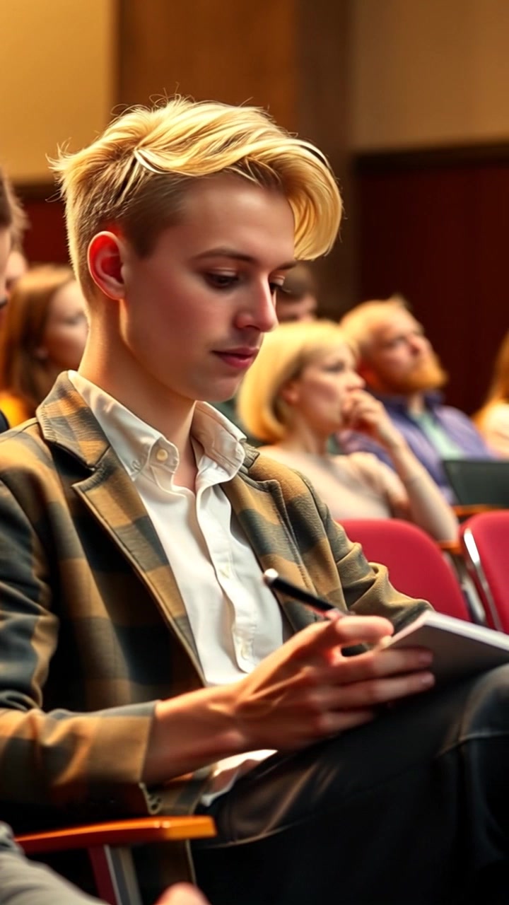 Subject: A student deeply focused on taking notes. Subject movement: The student shifts slightly in his seat, pen moving swiftly across the notepad. Scene: A bustling university lecture hall filled with students and a professor at the front, highlighting the academic atmosphere. Style: Bright, natural lighting flooding through large windows, illuminating the space. Motion: The camera pans slowly across the lecture hall, moving from the student's concentrated expression to a wider view of the audience engaged in the lecture.