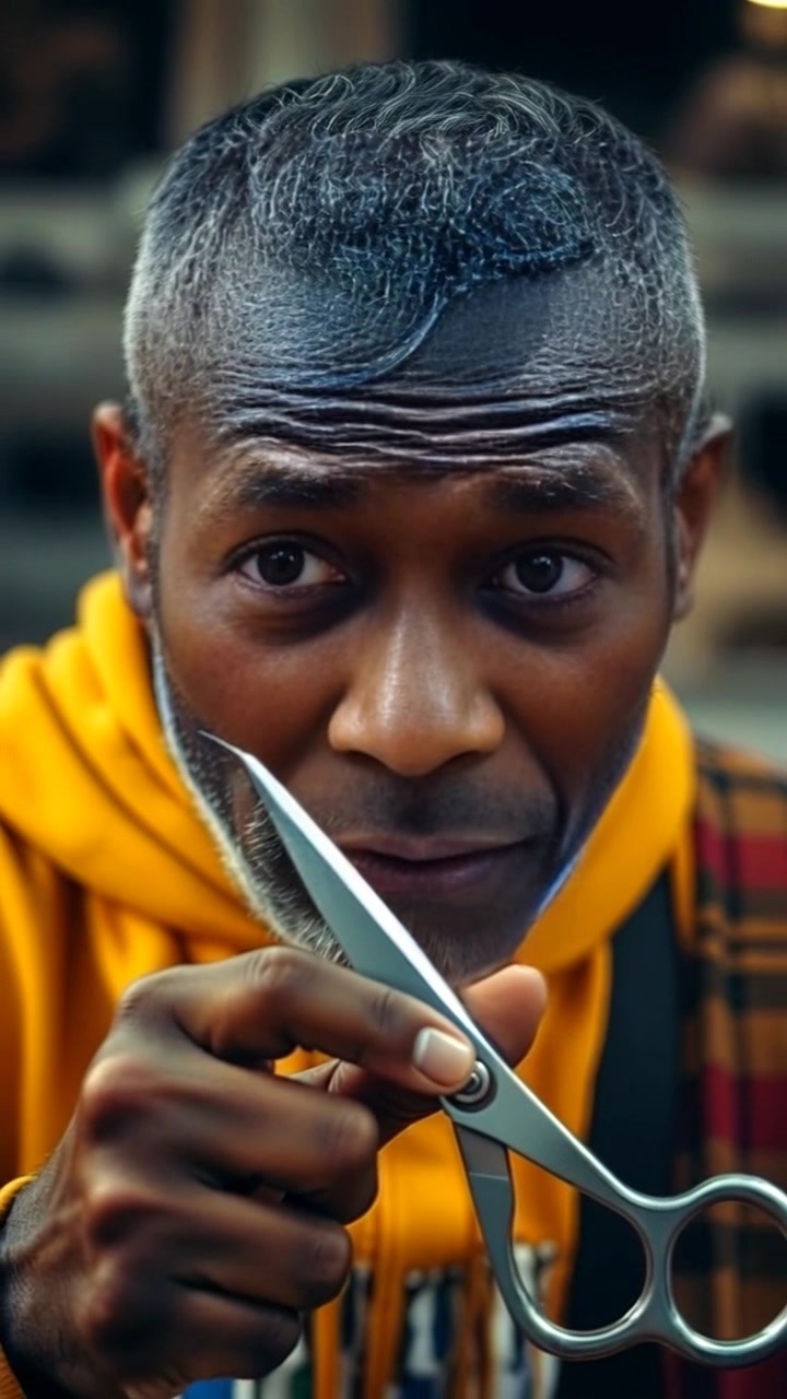 Subject: Kwame holding scissors with a puzzled expression. Subject movement: He slowly raises the scissors towards the camera, contemplating his task. Scene: A cozy, well-lit crafting space filled with colorful supplies and decorations in the background. Style: Soft, ambient lighting that highlights the texture of the materials around him. Motion: The camera gently zooms in on Kwame's face as he focuses intently, the depth of field blurring the surrounding details for an intimate feel.