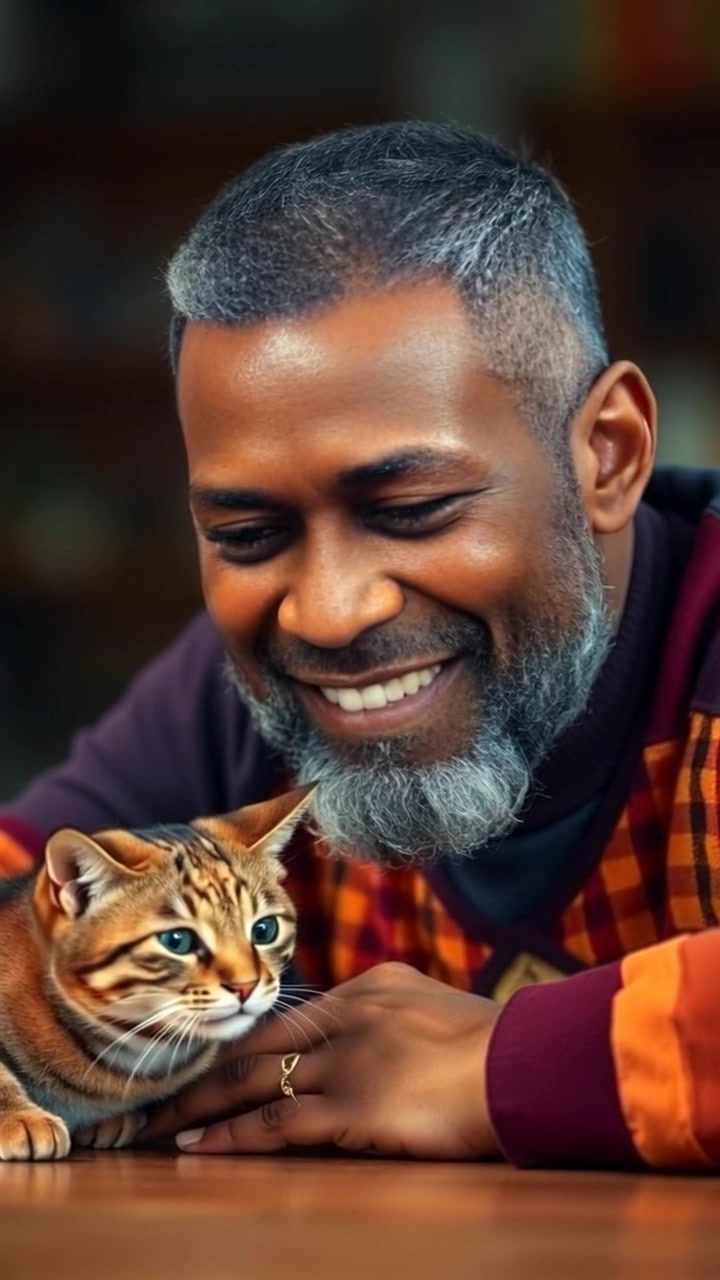 Subject: A man named Kwame with a calm smile, leaning on his table. Scene: An inviting, cozy study room filled with warm wooden tones and soft lighting, decorated with books and cat paraphernalia. Motion: The camera gently pushes in closer to Kwame as he animatedly explains about the cat, capturing his expressions and gestures with a warm atmosphere.