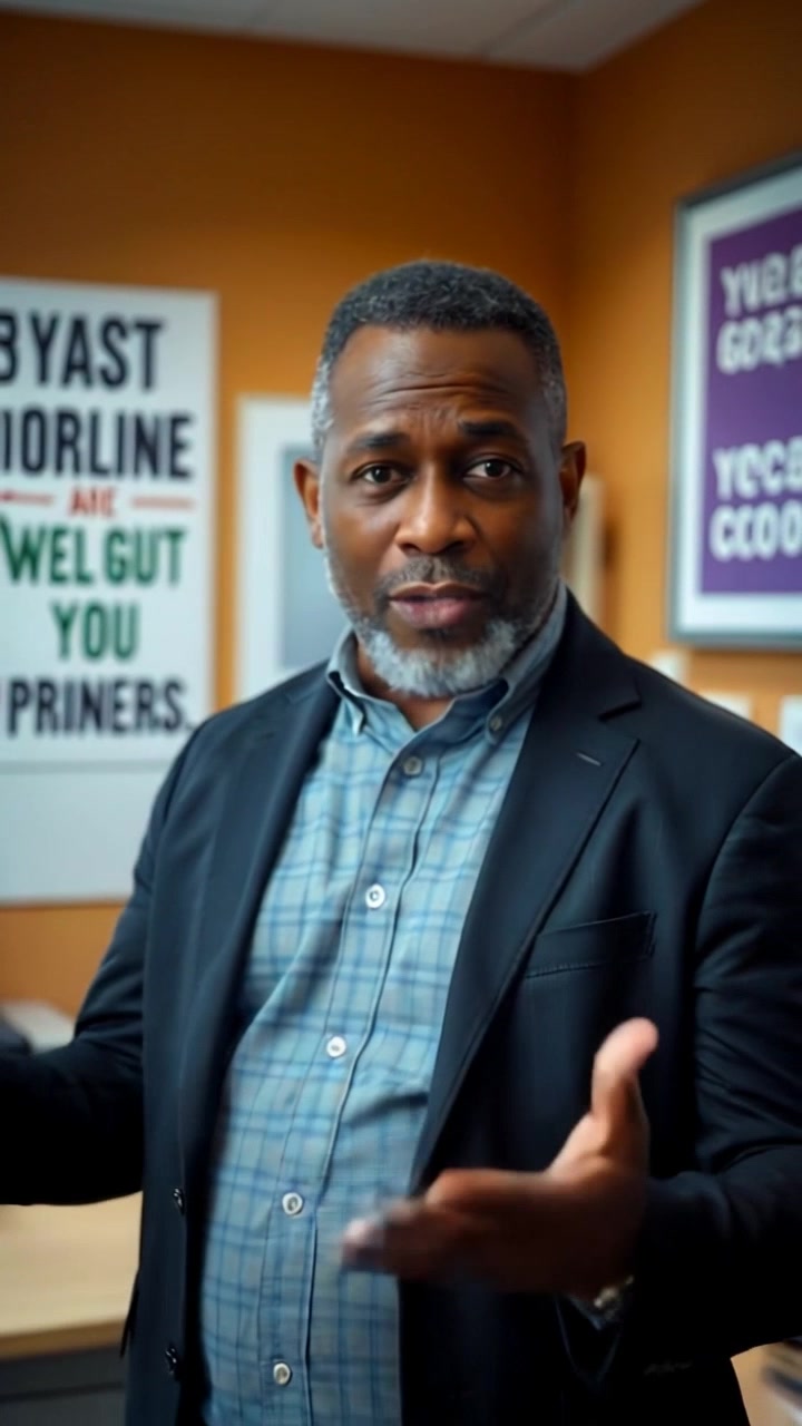 Subject: A middle-aged man in business attire standing confidently in an office filled with motivational posters. Subject movement: He gestures animatedly while speaking, conveying enthusiasm and determination. Scene: The office environment features modern furnishings and a sleek desk, with motivational posters framing the background. Style: Bright, professional lighting that emphasizes the man's presence. Motion: The camera performs a slow zoom towards the man, capturing his vibrant expression and the details of the office around him.