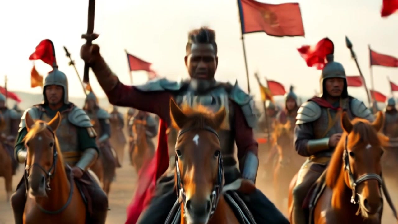 Subject: A leader in battle armor, confidently riding a powerful horse. Subject movement: The leader charges forward, raising a sword high, inspiring the troops around him. Scene: An ancient battlefield filled with soldiers, dust swirling under a dramatic sky, banners flapping in the wind. Lighting: Moody lighting with a sense of urgency, emphasizing the stakes of battle. Motion: The camera pushes in dramatically as the leader gallops forward, capturing the intensity of the moment and the rallying troops in the background.