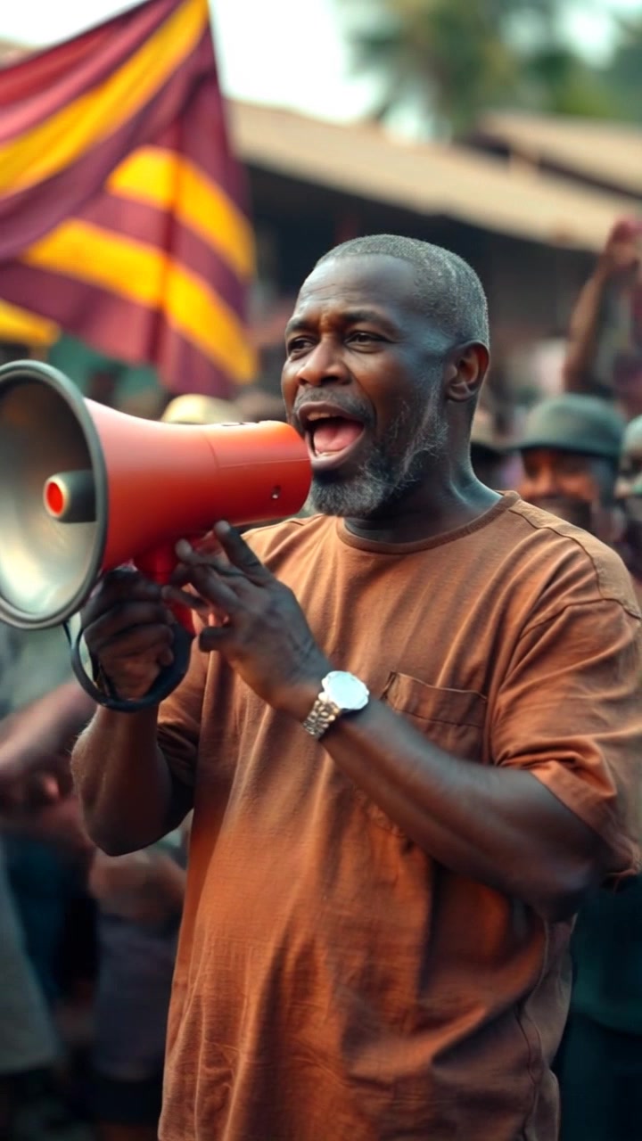 Subject: Kwame stands prominently in the crowd holding a loudspeaker. Subject movement: Kwame passionately gestures with the loudspeaker, energizing the shouting villagers around him. Scene: A vibrant village square filled with excited villagers, colorful market stalls in the background. Style: Afternoon light casting soft shadows, creating an inviting atmosphere. Motion: The camera employs a handheld tracking shot, weaving through the crowd, capturing the energy and enthusiasm of the scene.