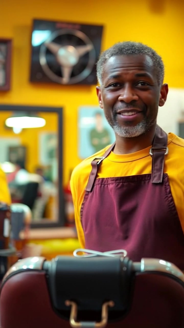 Subject: A barber, wearing an apron, stands ready behind the barber chair, tools in hand. Subject movement: The barber gestures enthusiastically, inviting a customer to take a seat. Scene: A bustling barbershop filled with vintage decor, mirrors reflecting the lively atmosphere, and a hint of warm, golden-hour light streaming through the window. Motion: The camera smoothly pushes in on the barber as he prepares, capturing the energetic vibe of the shop, with a slight tilt down to highlight the intricate tools on the counter.
