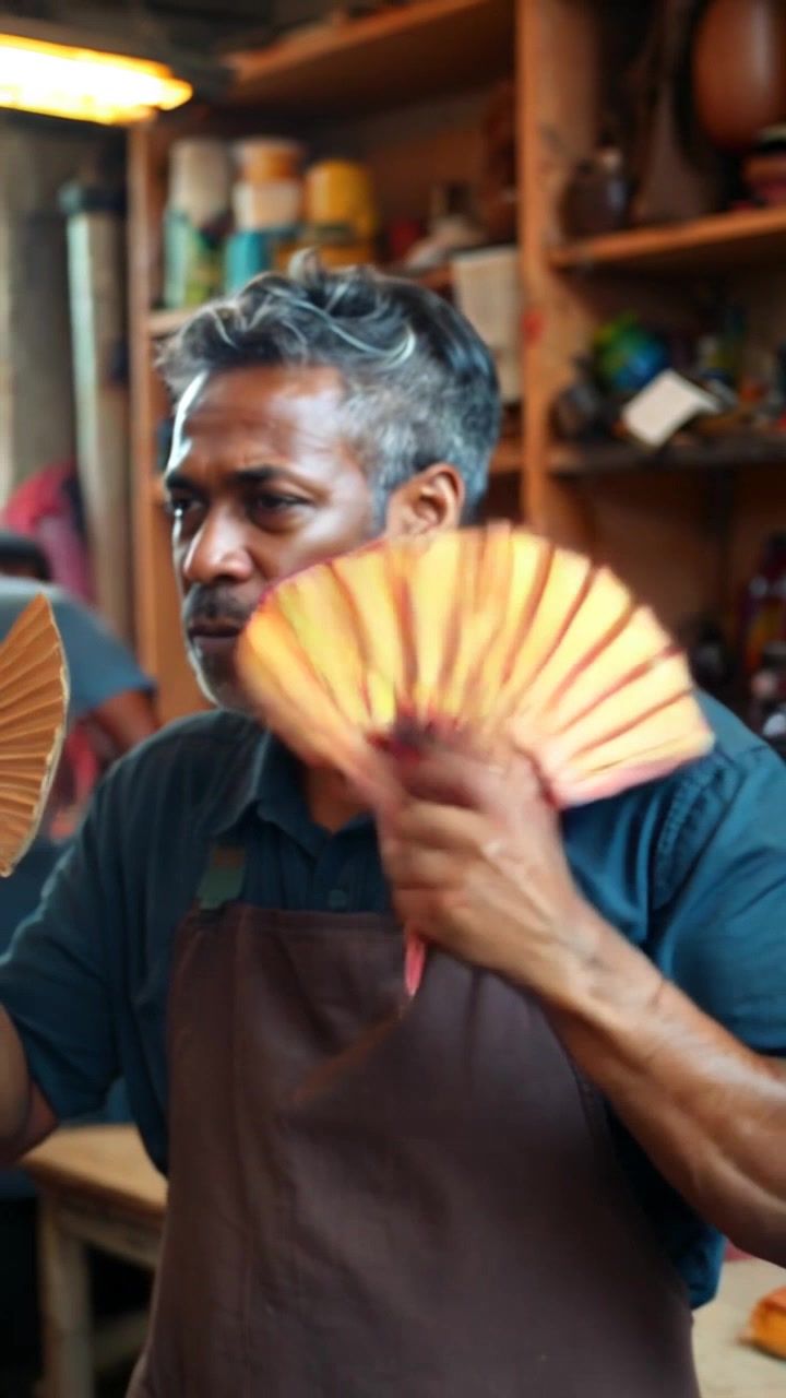 Subject: Kwame, appearing exasperated as he fans himself in a hot workshop. Subject movement: He wipes sweat from his brow and moves the fan energetically, searching for relief. Scene: A cluttered workshop filled with tools and materials, shafts of sunlight filtering through dusty windows. Style: Harsh, overhead lighting emphasizes the heat of the moment, creating a tense atmosphere. Motion: The camera smoothly zooms in on Kwame’s face, capturing his expressions before pulling back to showcase the bustling environment around him.