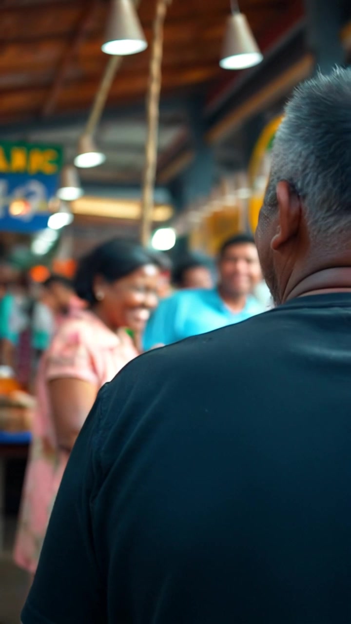 Scene: A vibrant market bustling with cheerful customers browsing stalls filled with colorful fruits and vegetables, creating a lively atmosphere. Style: Bright, natural lighting illuminating the market scene, enhancing the vibrant colors of the goods. Motion: Camera moves smoothly through the market, weaving between the stalls and capturing the joyful interactions of people, culminating with a close-up of Kwame's laughter.