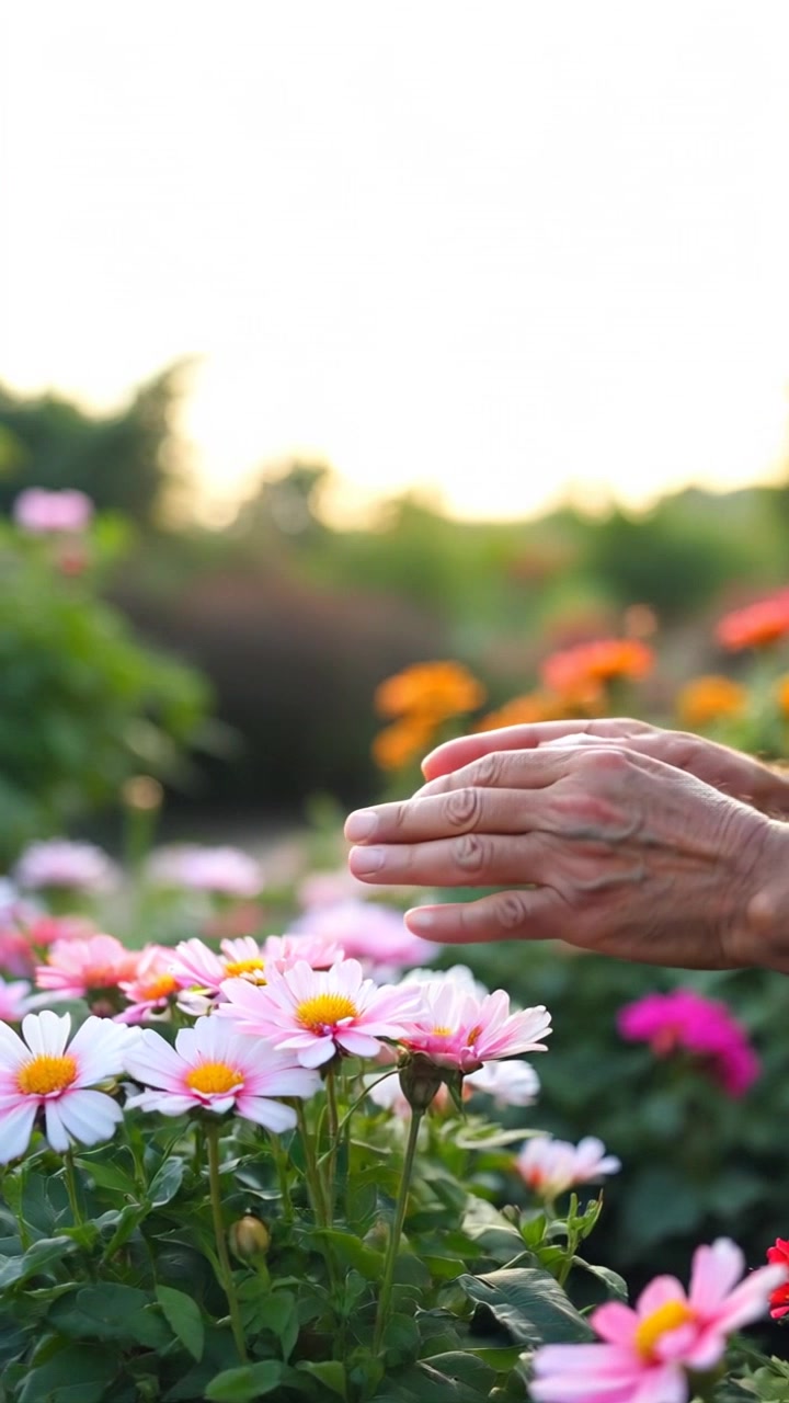 Subject: A man observing nature with deep concentration. Subject movement: He gently moves his hands to touch the blooming flowers as he studies them. Scene: Tranquil garden filled with vibrant, blooming flowers in various colors. Style: Soft morning light illuminating the garden, creating a serene and peaceful atmosphere. Motion: Camera starts with a close-up of the flowers, then smoothly transitions to a medium shot of the man, capturing the beauty of both the natural surroundings and his thoughtful expression.