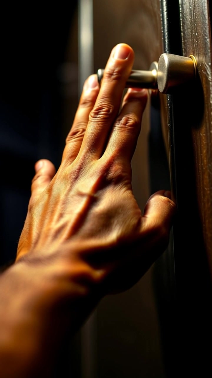 Scene: A close-up of a man's hand approaching a door handle in a dimly lit space, shadows dancing around the edges. Style: Low-key lighting creates a dramatic contrast, heightening the sense of intrigue. Motion: The camera slowly pushes in on the hand as it makes contact with the handle, capturing the tension in the air.