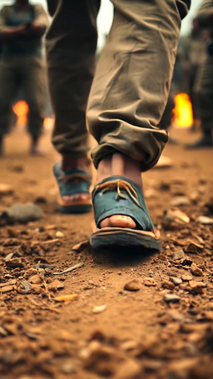 Scene: Close-up of leather sandals on rough, dusty ground, leading towards a chaotic battlefield filled with smoke and debris. Style: Harsh, contrasting lighting highlighting the dust and imperfections of the ground, conveying a sense of tension. Motion: The camera slowly pushes forward from the sandals into the tumultuous scene ahead, immersing the viewer in the unfolding chaos.