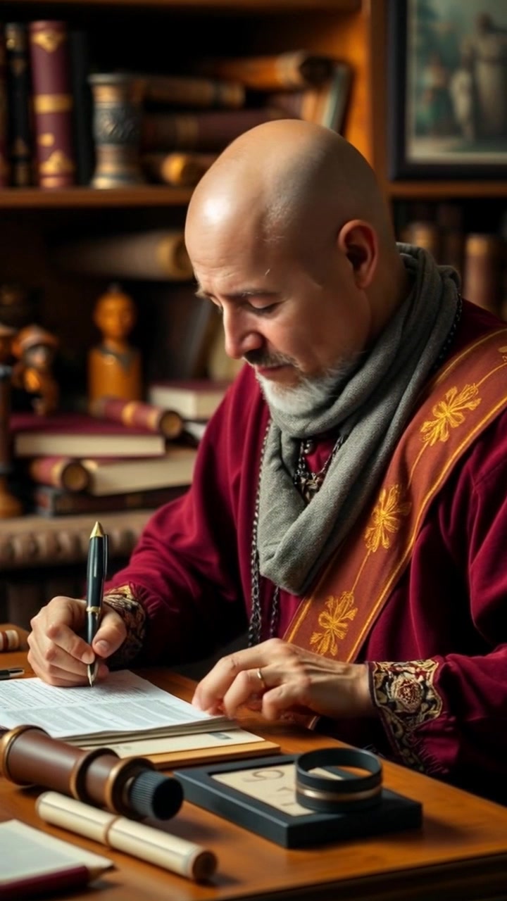 Scene: A studious environment filled with scattered scrolls and antique books, with a desk cluttered with notes about legendary figures and historical battles. Lighting: Warm, inviting light streaming through a nearby window, creating soft shadows that enhance the room's scholarly atmosphere. Motion: Camera gently pushes in on the desk as Carlos writes furiously, revealing intricate details of the scrolls and notes, immersing viewers in the moment of deep concentration.