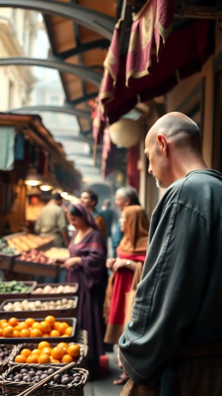 Subject: A merchant named Carlos inspecting vibrant merchandise. Subject movement: Carlos moves amongst the booths, occasionally pausing to examine the goods closely. Scene: A bustling marketplace in early 1500s Italy, filled with colorful stalls and lively shoppers. Style: Warm, natural sunlight illuminating the diverse array of fabrics and spices scattered throughout the market. Motion: The camera performs a dynamic tracking shot following Carlos as he navigates through the crowded market, capturing the vibrant atmosphere and the animated interactions around him.