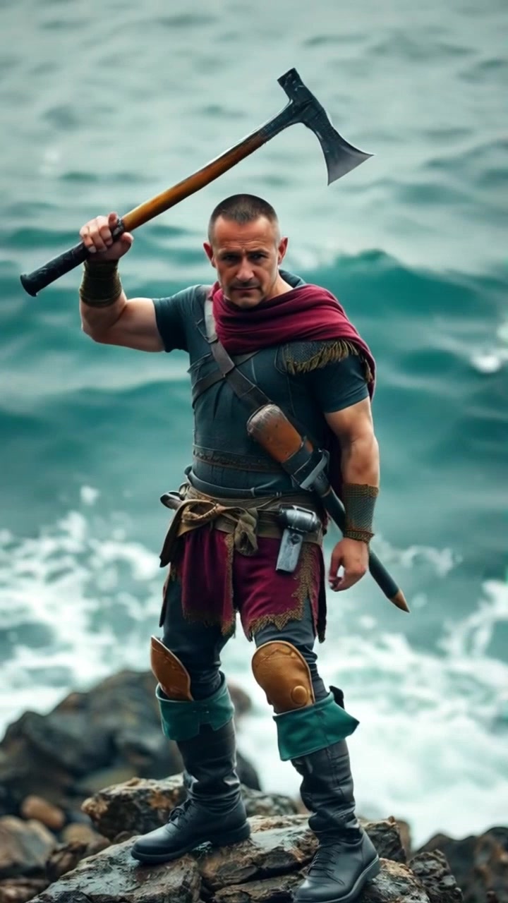 Subject: A Carlos warrior stands defiantly, axe raised high, on a jagged rocky shore. Subject movement: The warrior shifts his weight slightly as he prepares to face the crashing, turbulent waves below. Scene: A dramatic coastal setting with dark, frothy seas churning against rugged cliffs under an overcast sky. Style: Moody and atmospheric lighting casts a dramatic shadow across the warrior's determined expression. Motion: The camera slowly pushes in towards the warrior from a low angle, capturing the intensity of his stance against the backdrop of the tumultuous ocean.