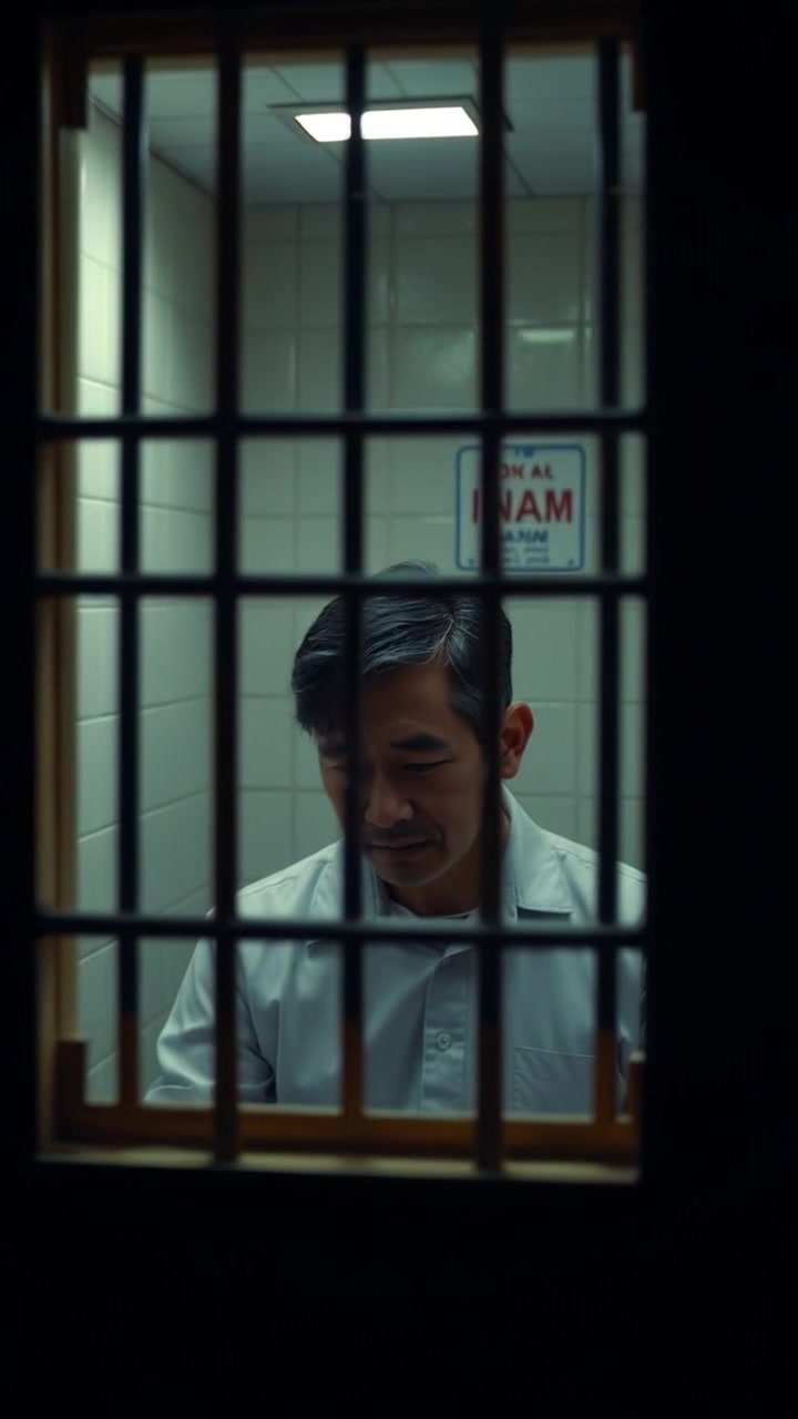 Scene: A small, dimly lit room with barred windows, capturing the essence of isolation as a man sits alone on a simple wooden chair, lost in thought. Style: Ambient lighting creates a somber atmosphere, with shadows emphasizing the room's confined space. Motion: Camera slowly pushes in towards the man, highlighting his contemplative expression amidst the stark surroundings.