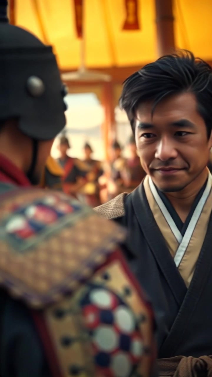 Scene: Inside a grand tent adorned with intricate tapestries, a group of warriors gathers around a large table, intensely discussing strategies in a hushed tone. Style: Warm ambient lighting highlighting the rich colors of the fabric and armor, creating a sense of camaraderie and urgency. Motion: The camera slowly pans across the faces of the warriors, capturing their expressions and gestures, before focusing on a detailed map spread out on the table.