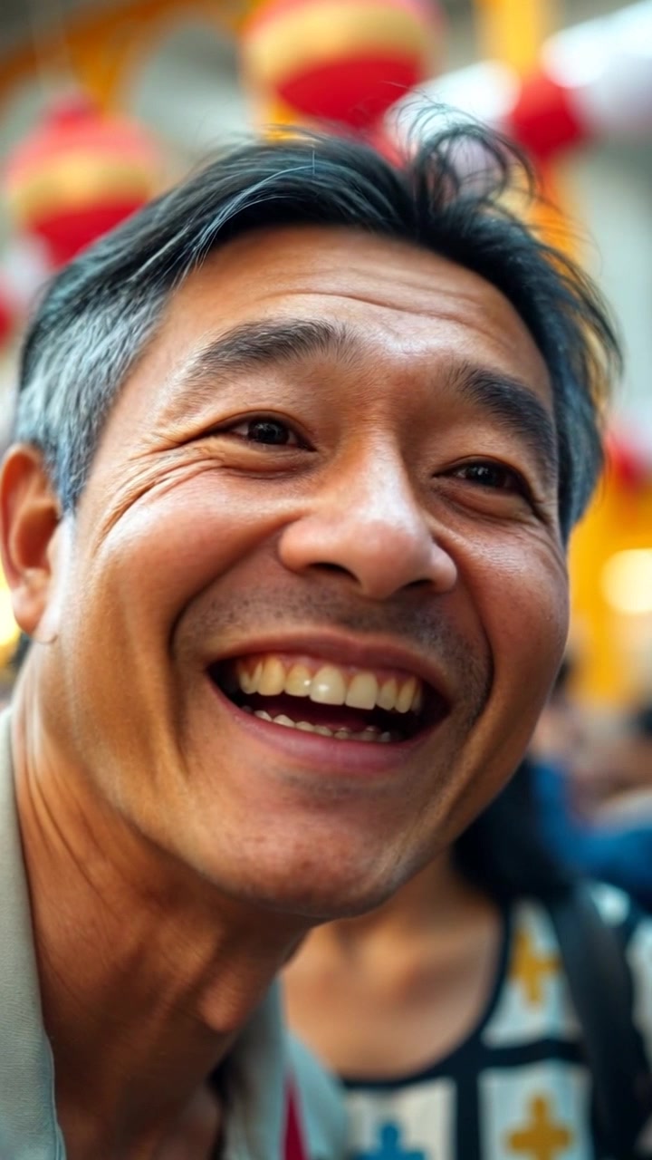 Subject: A joyful person with an exuberant expression in a lively environment. Scene: A close-up of the person's face with happy people celebrating in the blurred background. Lighting: Warm, cheerful lighting enhancing the joyful atmosphere. Motion: The camera gently pushes in on the subject's face, capturing the nuances of their expression as the background subtly shifts, revealing the celebration around them.