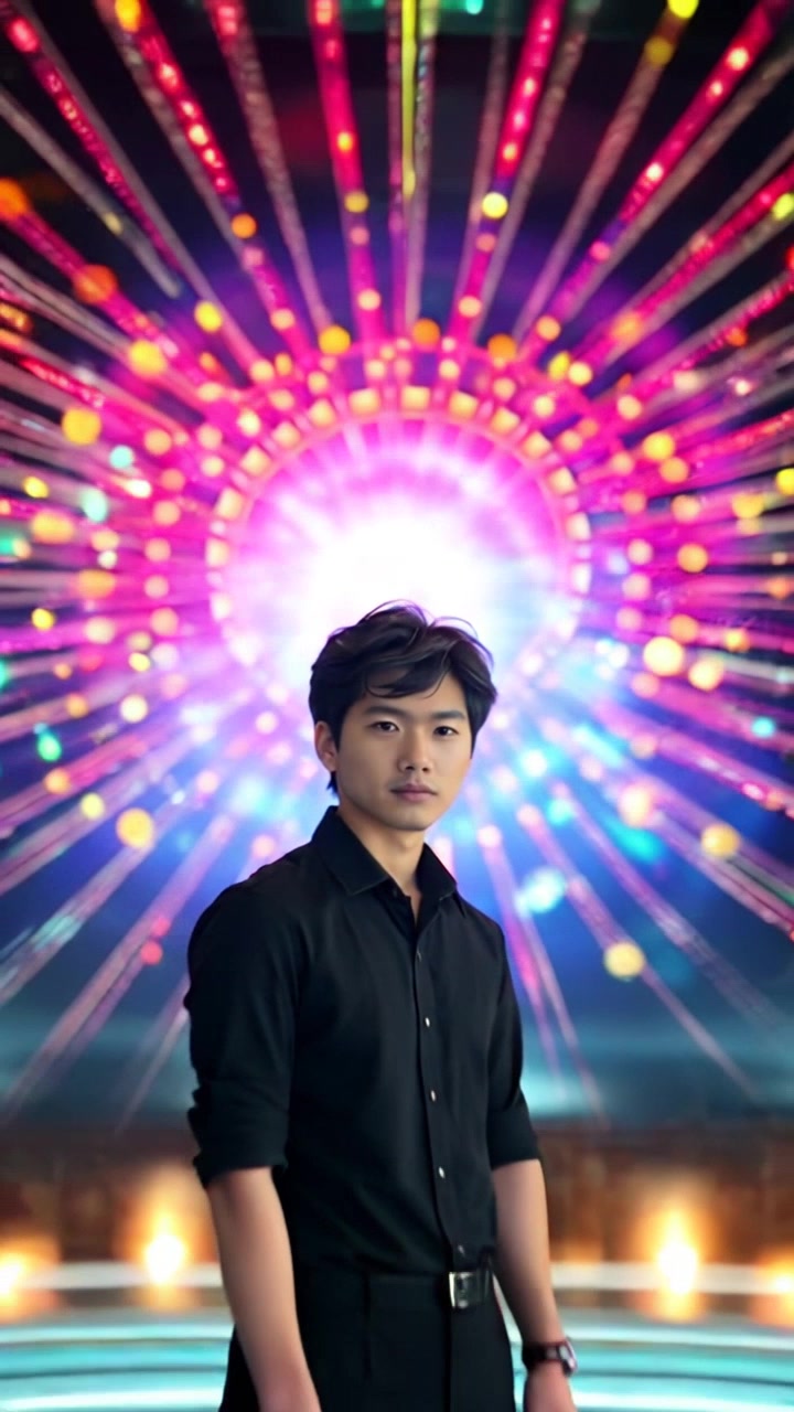 Subject: A person named Ken looking intrigued as he stands surrounded by vivid, swirling AI data patterns that burst into colors around him. Scene: A futuristic digital environment, glowing with abstract data visualizations and holographic elements forming a dynamic backdrop. Lighting: Bright, neon colors create a lively atmosphere, with pulses of light accentuating the excitement. Motion: The camera begins close on Ken's face, then slowly pulls back to reveal the full spectacle of the vibrant data patterns exploding around him.