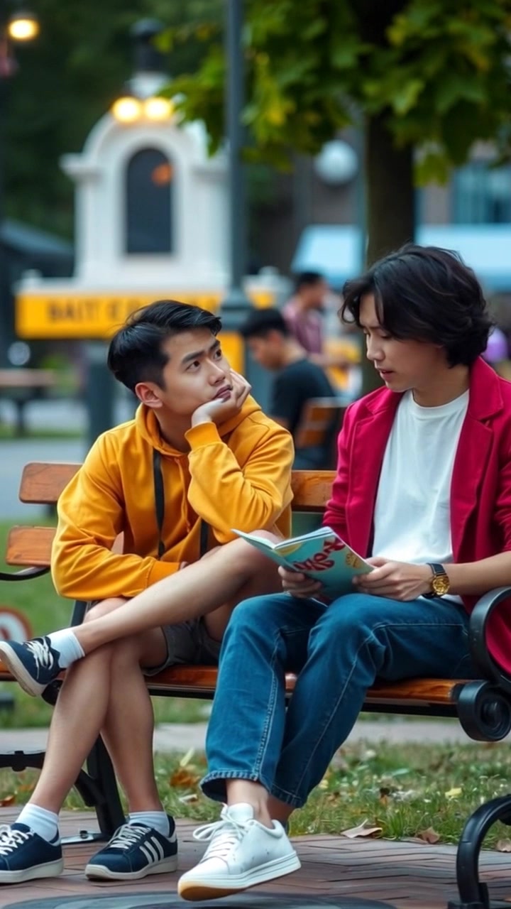 Scene: Two friends sitting on a park bench in a bustling urban park, sharing stories with expressions of frustration. Style: Soft afternoon light filtering through trees, creating a warm yet contemplative atmosphere. Motion: Camera slowly pushes in, capturing their animated gestures and expressions as they engage in deep conversation, with slight zooms to highlight each individual's reaction.