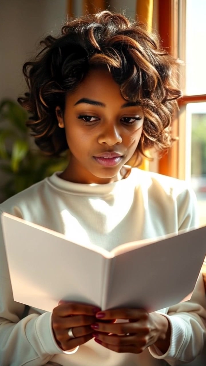 Subject: A person named Nia, intrigued, reading a letter. Scene: Nia is seated by a window, sunlight streaming in softly, illuminating her features and the letter in her hands. Motion: The camera slowly pushes in on Nia's face, capturing her curiosity with close-up shots, while keeping the warm, inviting atmosphere created by the golden sunlight.
