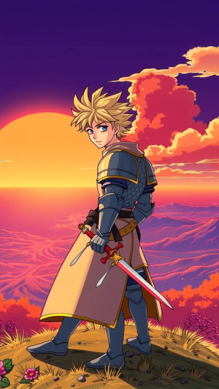 Subject: A valiant knight in shining armor standing on a hilltop. Subject movement: The knight gazes over a vast landscape as the dawn light breaks, the armor glinting with each gentle breeze. Scene: A serene hilltop overlooking a sprawling valley at sunrise, with soft clouds and a gentle mist rising from the ground. Style: Warm, golden morning light casting a soft glow over the landscape, enhancing the peaceful morning ambiance. Motion: The camera slowly pans around the knight, highlighting the expansive view and the shimmering details of the armor as the sun rises.