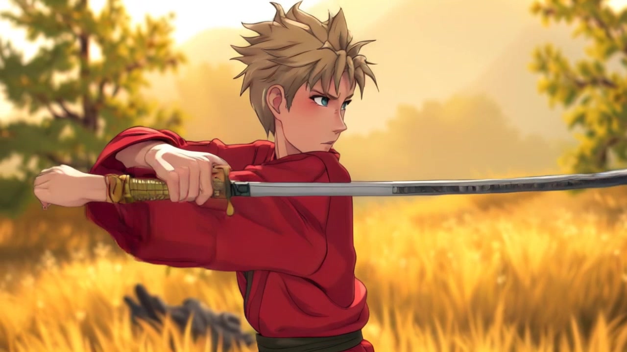 Subject: A determined warrior practicing sword techniques. Subject movement: The warrior executes a series of fluid, precise sword strikes in an energetic display. Scene: A sunlit clearing surrounded by tall trees, casting dappled light on the ground. Style: Bright, warm lighting emphasizes the vitality of the scene and the focus of the warrior's training. Motion: The camera performs a dynamic tracking shot, weaving around the warrior as they move, showcasing their skill and the surrounding serene landscape.