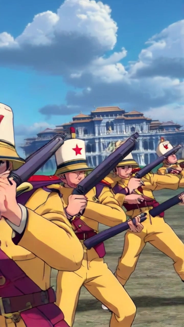 Scene: A tense battlefield setting where British soldiers are poised with rifles, preparing to open fire on the Zanzibar palace in the background. Style: Dramatic lighting under a cloudy sky, enhancing the sense of urgency and anticipation. Motion: The camera quickly pans across the line of soldiers, capturing their determined expressions and synchronized movements, before zooming in on the palace, highlighting its grandeur amidst the chaos.